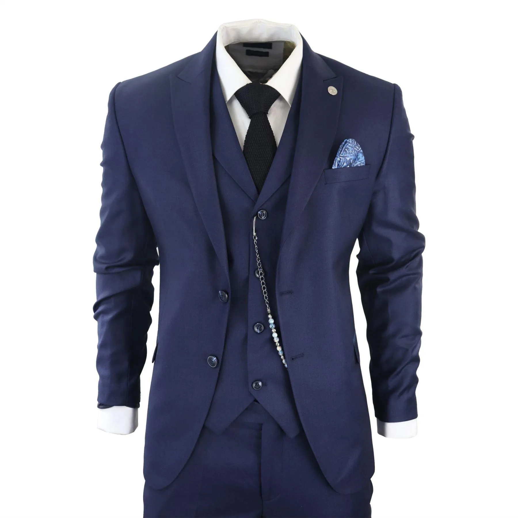 Mens Classic 3 Piece Suit Navy Blue Pocket Chain Wedding Tailored Fit Vintage Formal