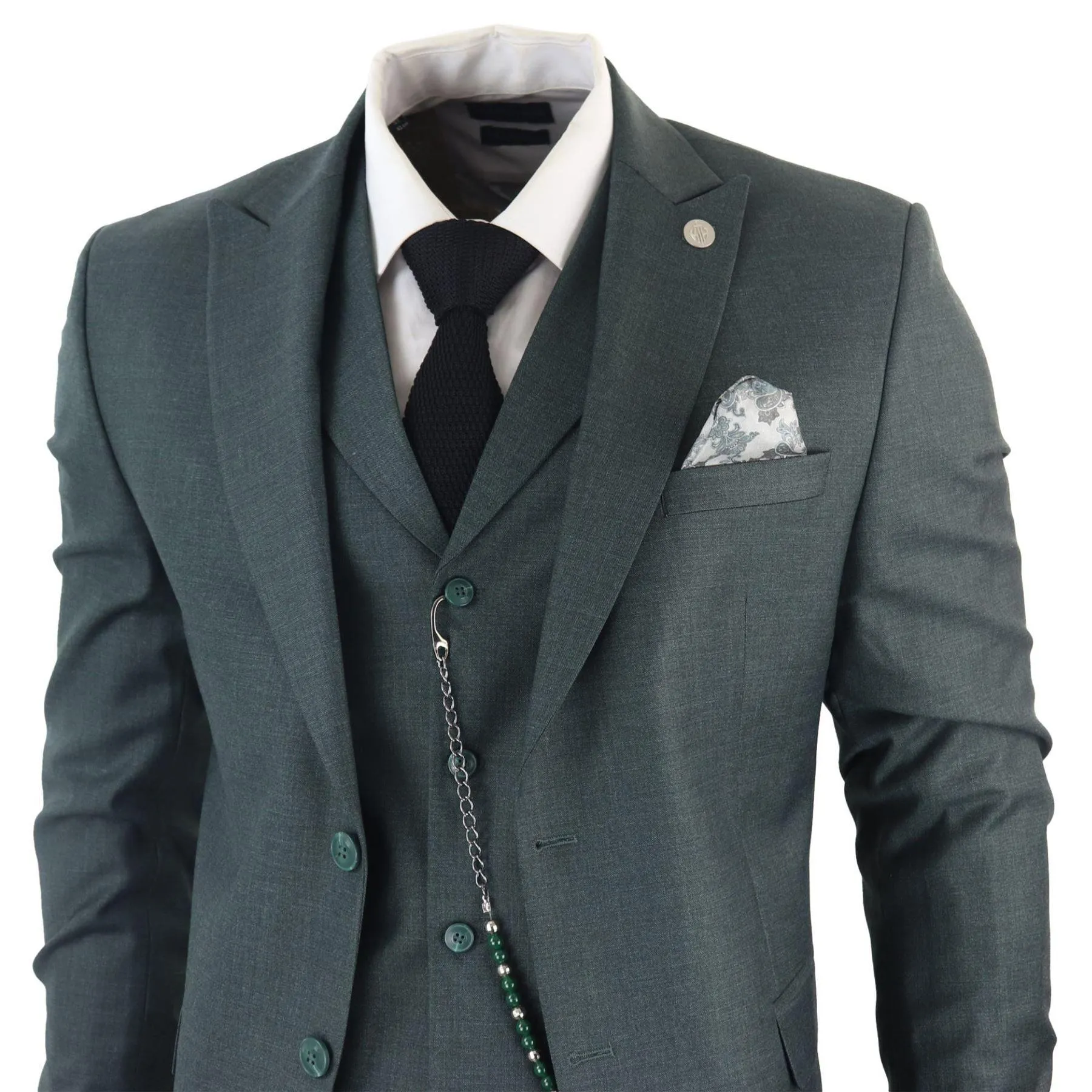 Mens Classic 3 Piece Suit Olive Green Pocket Chain Wedding Tailored Fit Vintage Formal