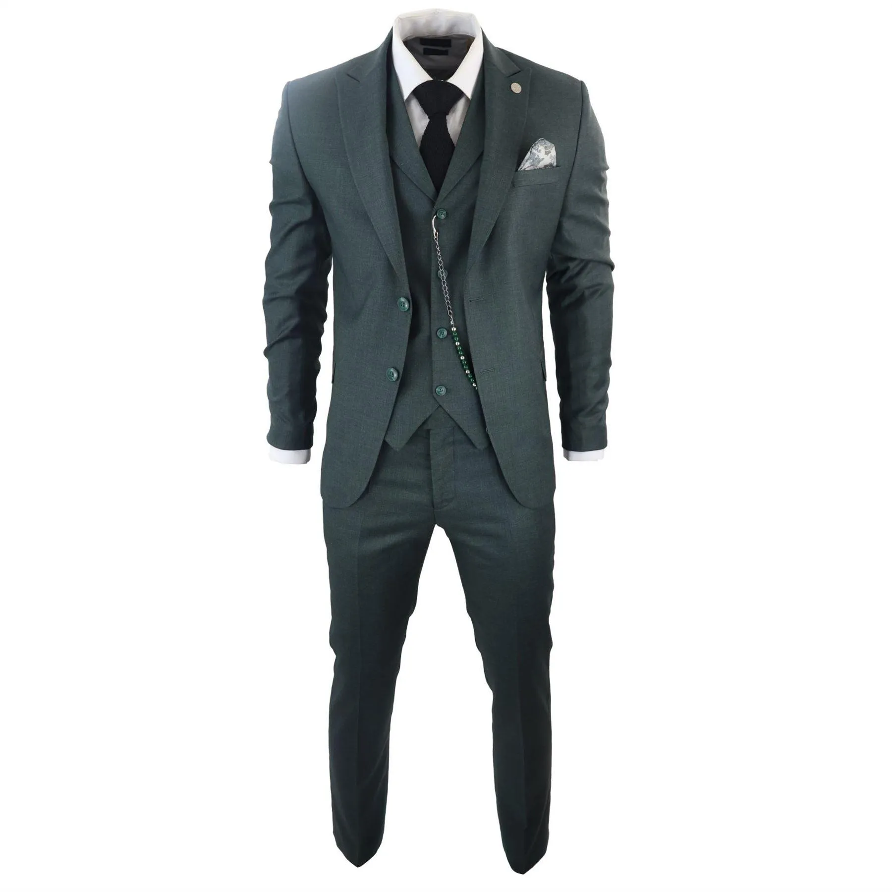 Mens Classic 3 Piece Suit Olive Green Pocket Chain Wedding Tailored Fit Vintage Formal