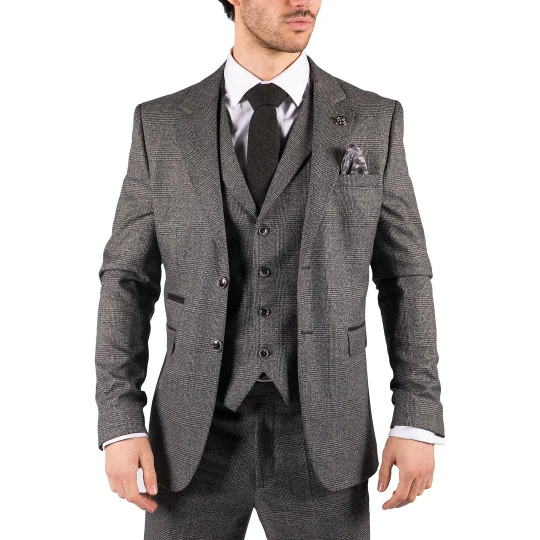 Mens Classic 3 Piece Suit Prince Of Wales Check Grey Tailored Fit Vintage Wedding