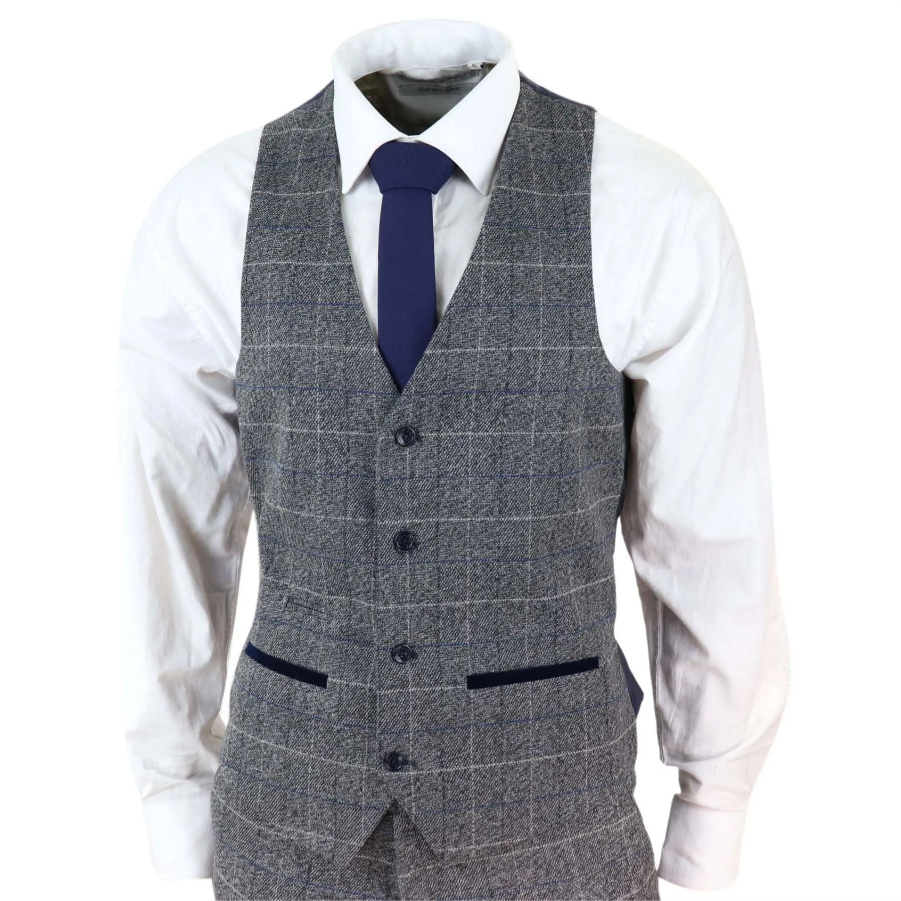 Mens Grey Check 3 Piece Suit Herringbone Tweed Vintage Tailored Fit Blue Velvet