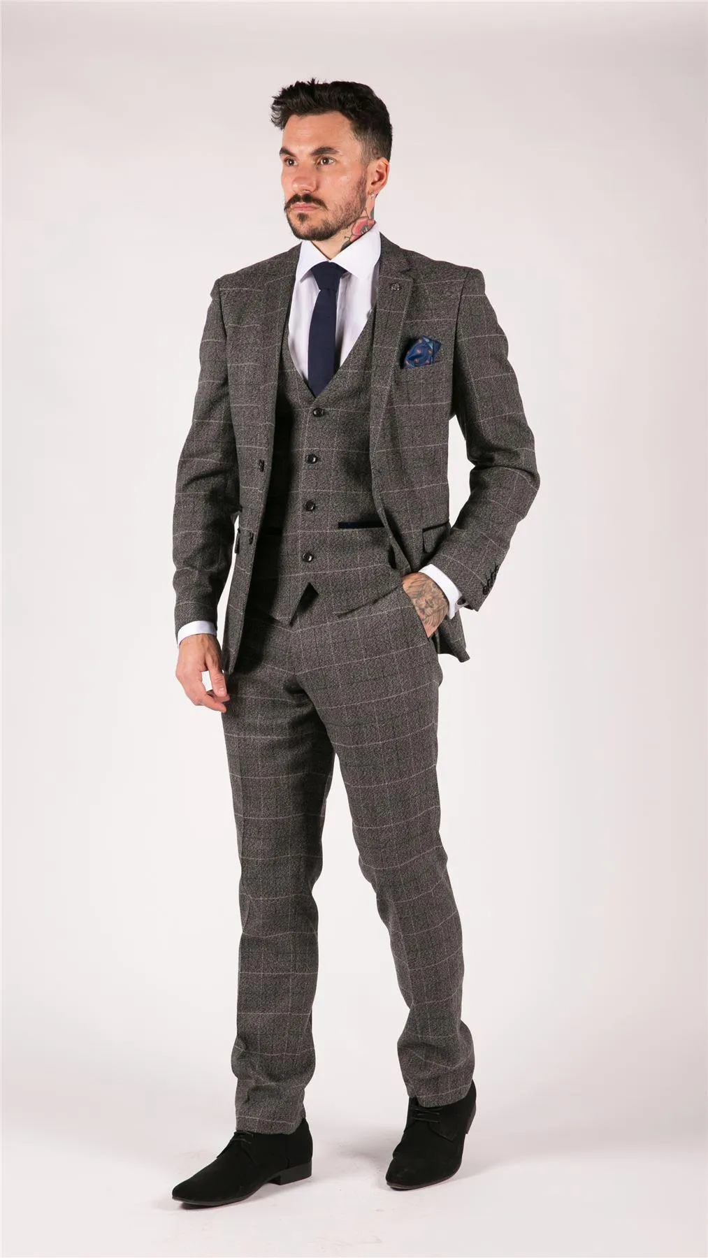 Mens Grey Check 3 Piece Suit Herringbone Tweed Vintage Tailored Fit Blue Velvet