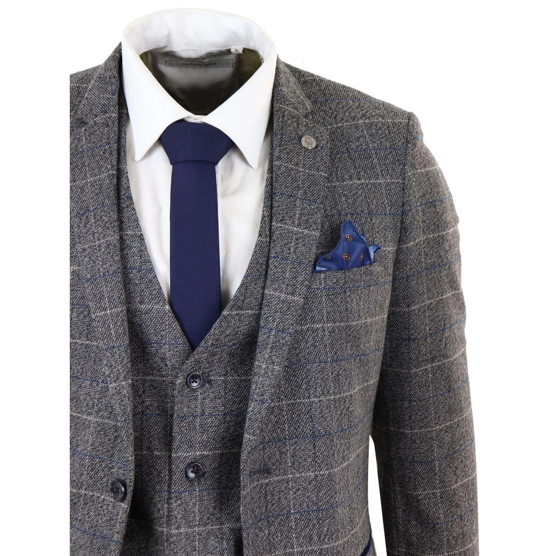 Mens Grey Check 3 Piece Suit Herringbone Tweed Vintage Tailored Fit Blue Velvet