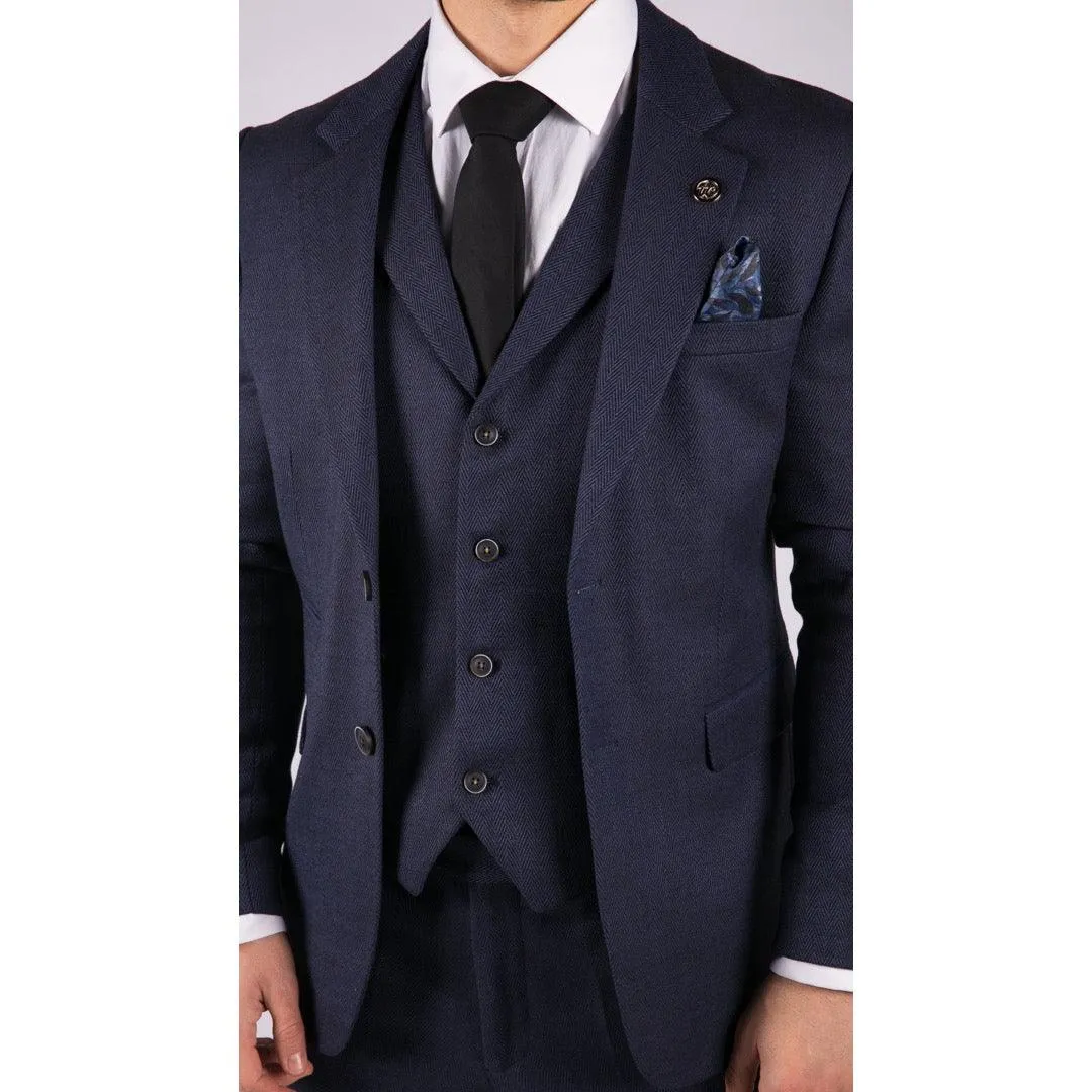 Mens Herringbone Tweed 3 Piece Suit Blue Classic Vintage Tailored Wedding Blinders