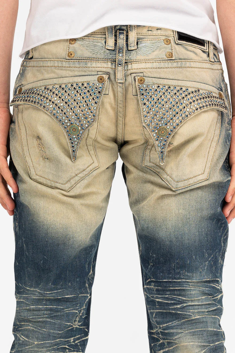 MENS LONG FLAP POCKET JEANS WITH CRYSTALS IN 5D DARK BROKEN