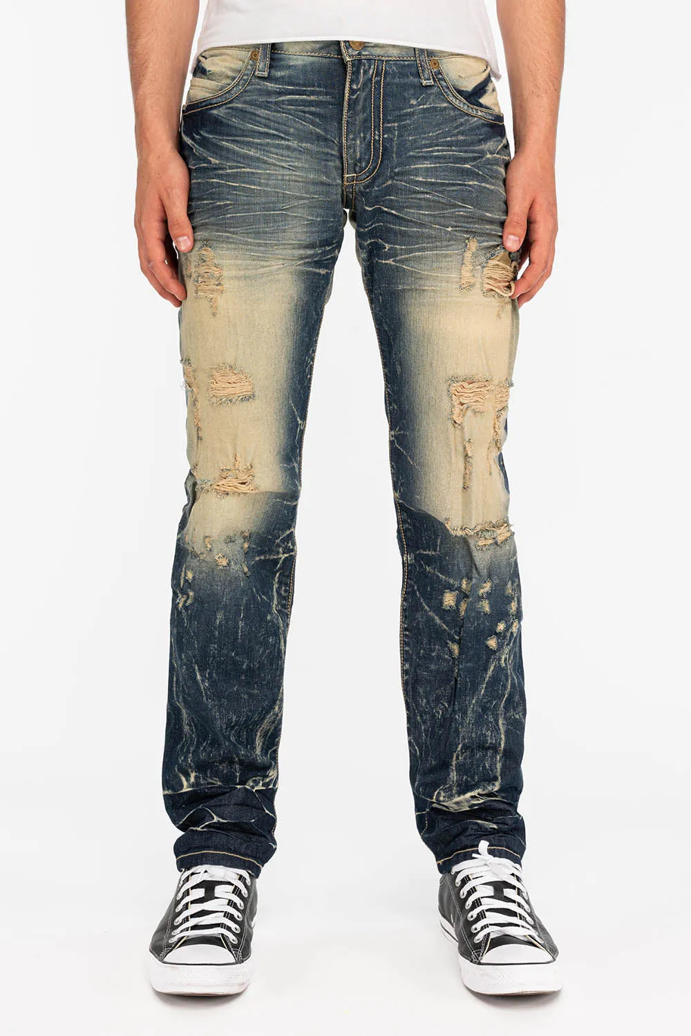 MENS LONG FLAP POCKET JEANS WITH CRYSTALS IN 5D DARK BROKEN