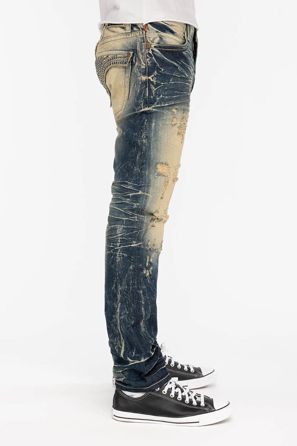 MENS LONG FLAP POCKET JEANS WITH CRYSTALS IN 5D DARK BROKEN