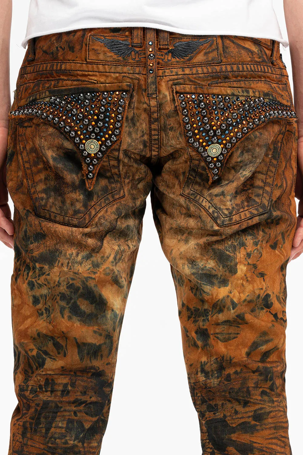 MENS LONG FLAP SLIM JEANS WITH STUDS AND CRYSTALS IN LOS ANGELES WASH