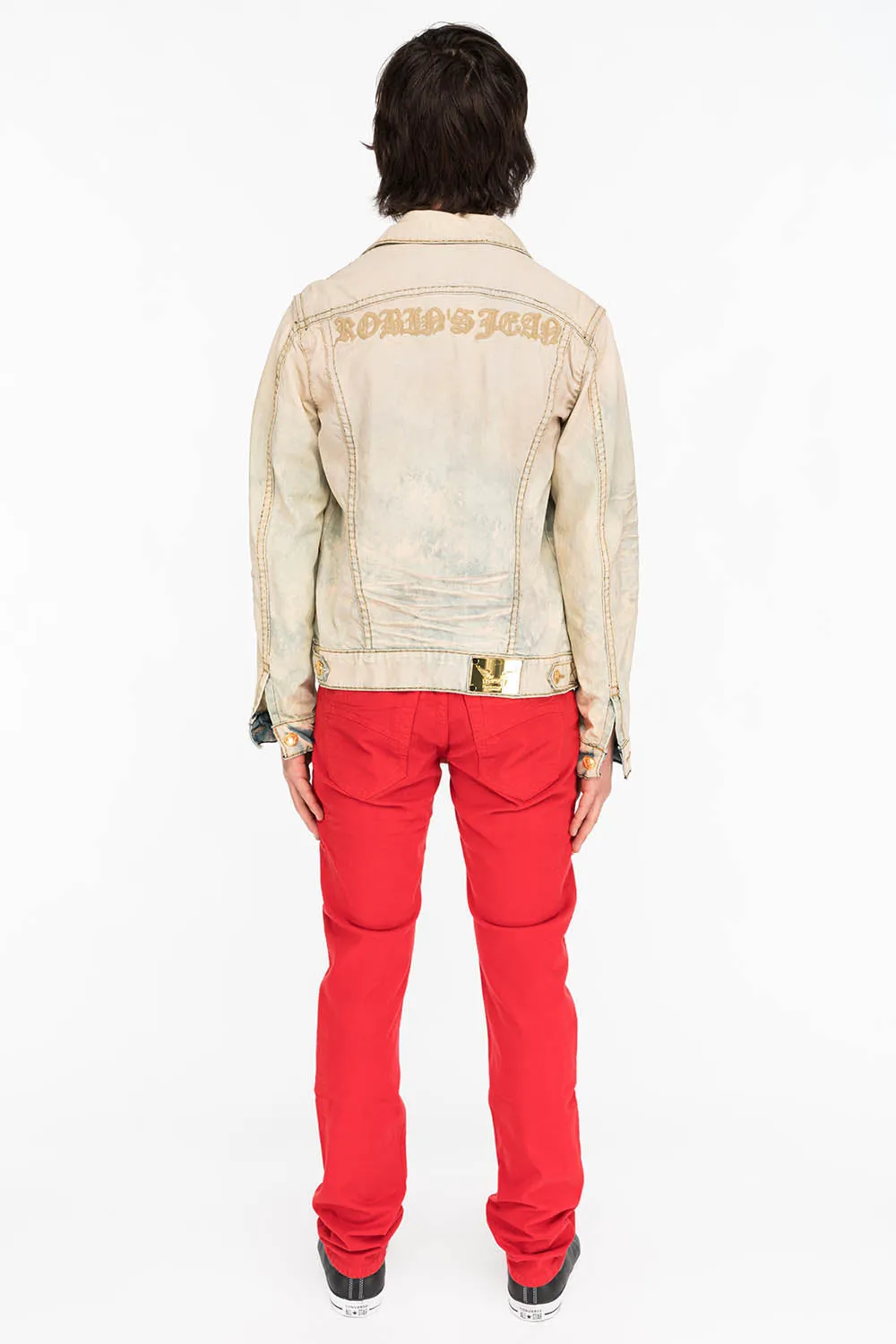 MENS MOTORCYCLE ZIPPER SLIM JEANS IN RED