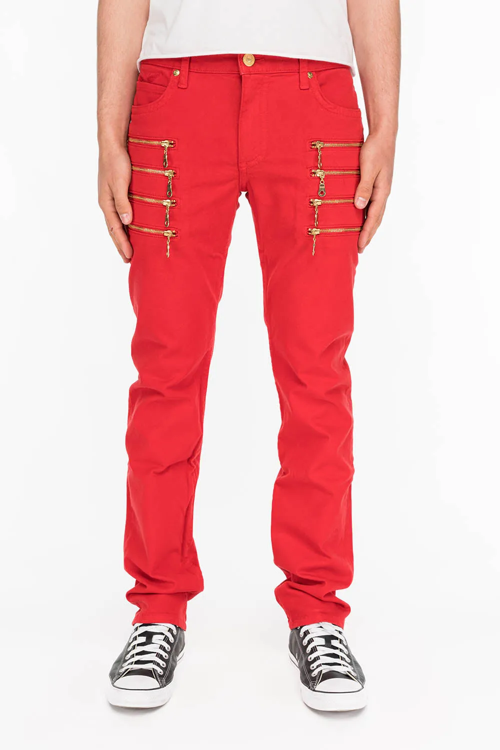 MENS MOTORCYCLE ZIPPER SLIM JEANS IN RED