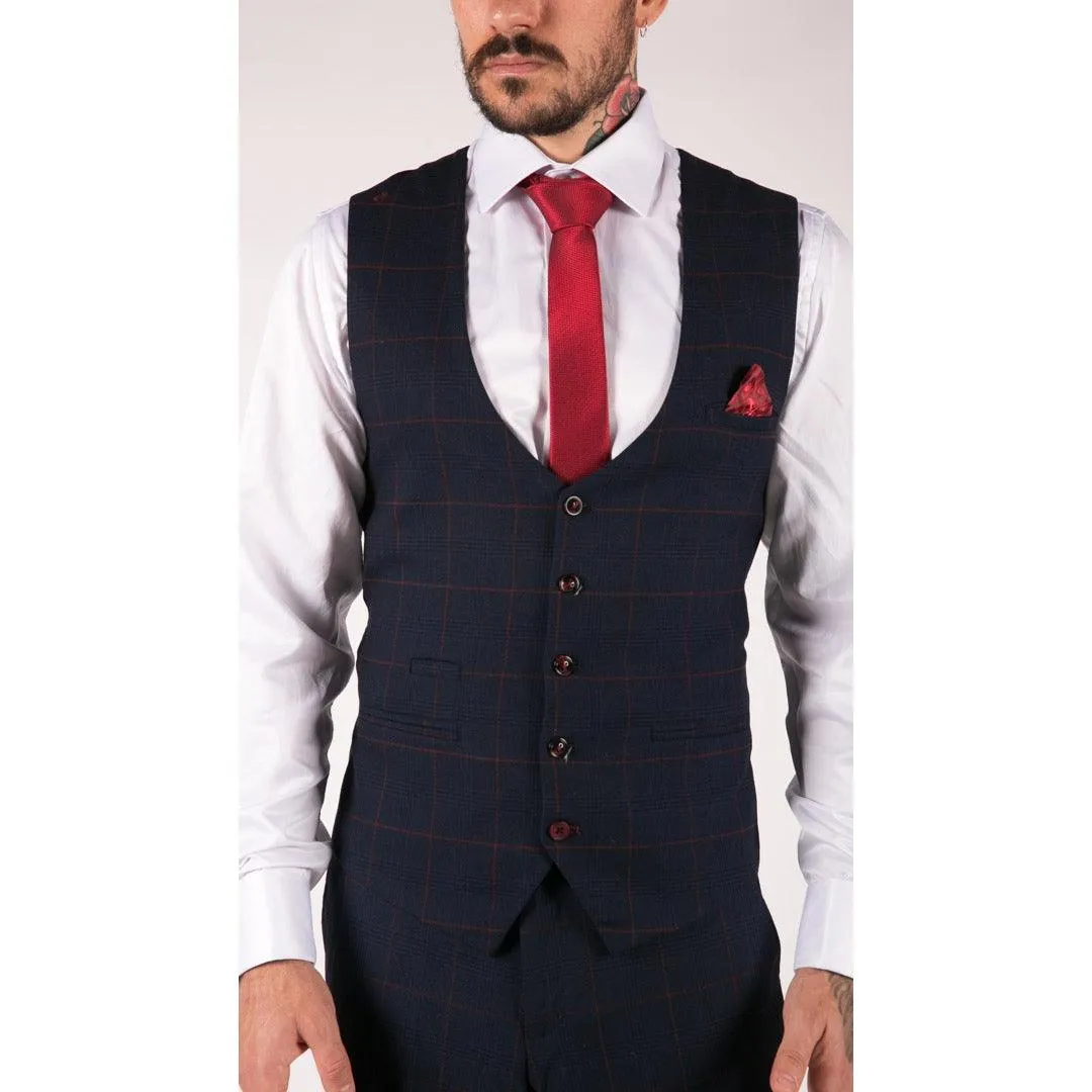 Mens Navy Check 3 Piece Suit Red Edinson Marc Darcy Classic Vintage Wedding