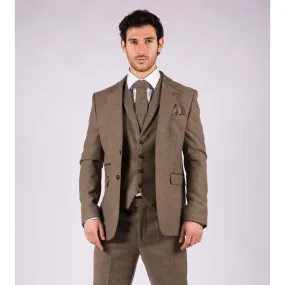 Mens Oak 3 Piece Tweed Suit Herringbone Wool Vintage Retro Fit