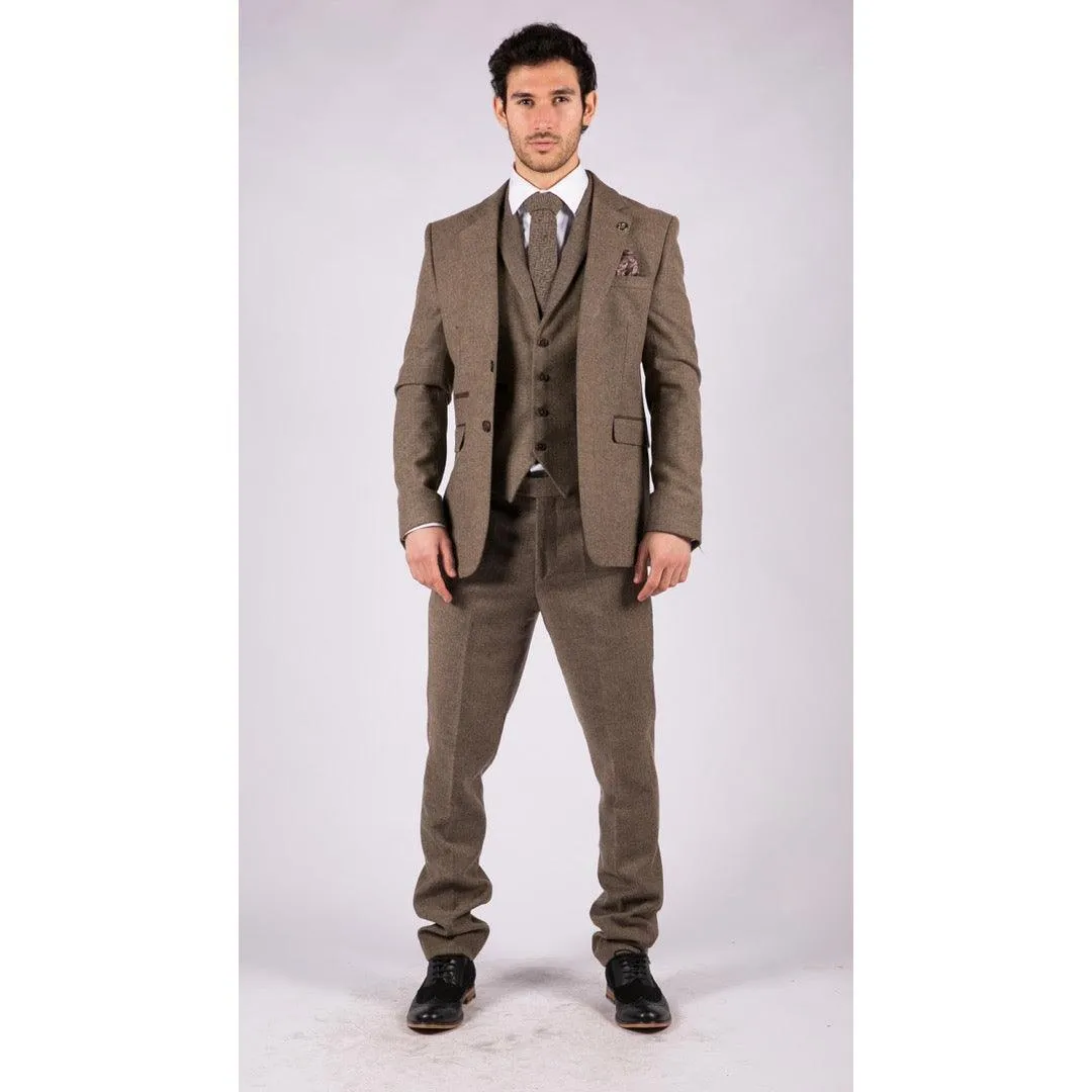 Mens Oak 3 Piece Tweed Suit Herringbone Wool Vintage Retro Fit