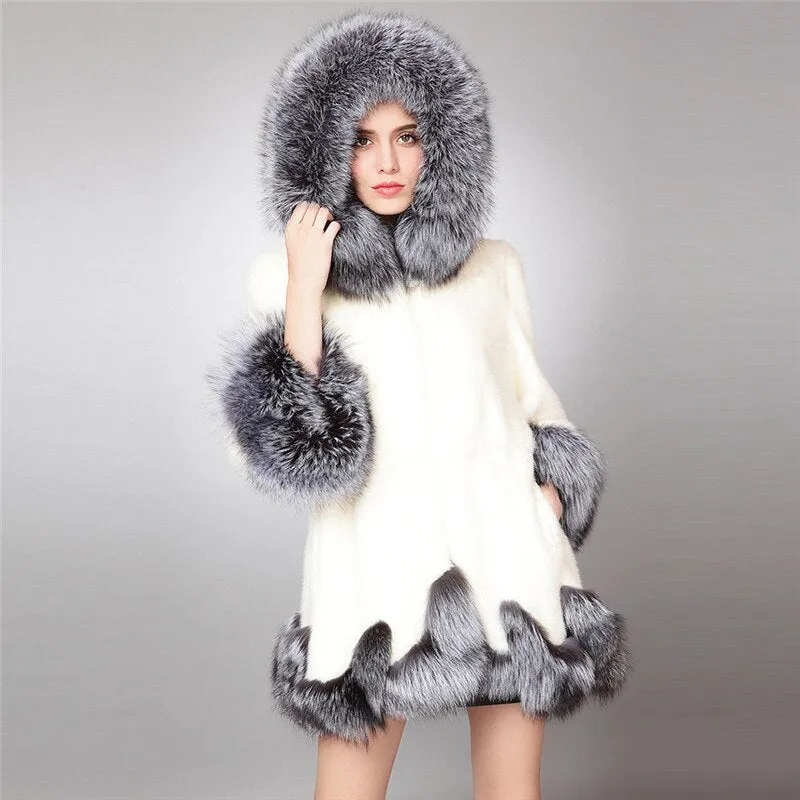 Mink Fur Coat Women Big Hood Natural Fur Overcoat with Fox Hem Women's Coats Winter jacket Women Fur Story FS16111