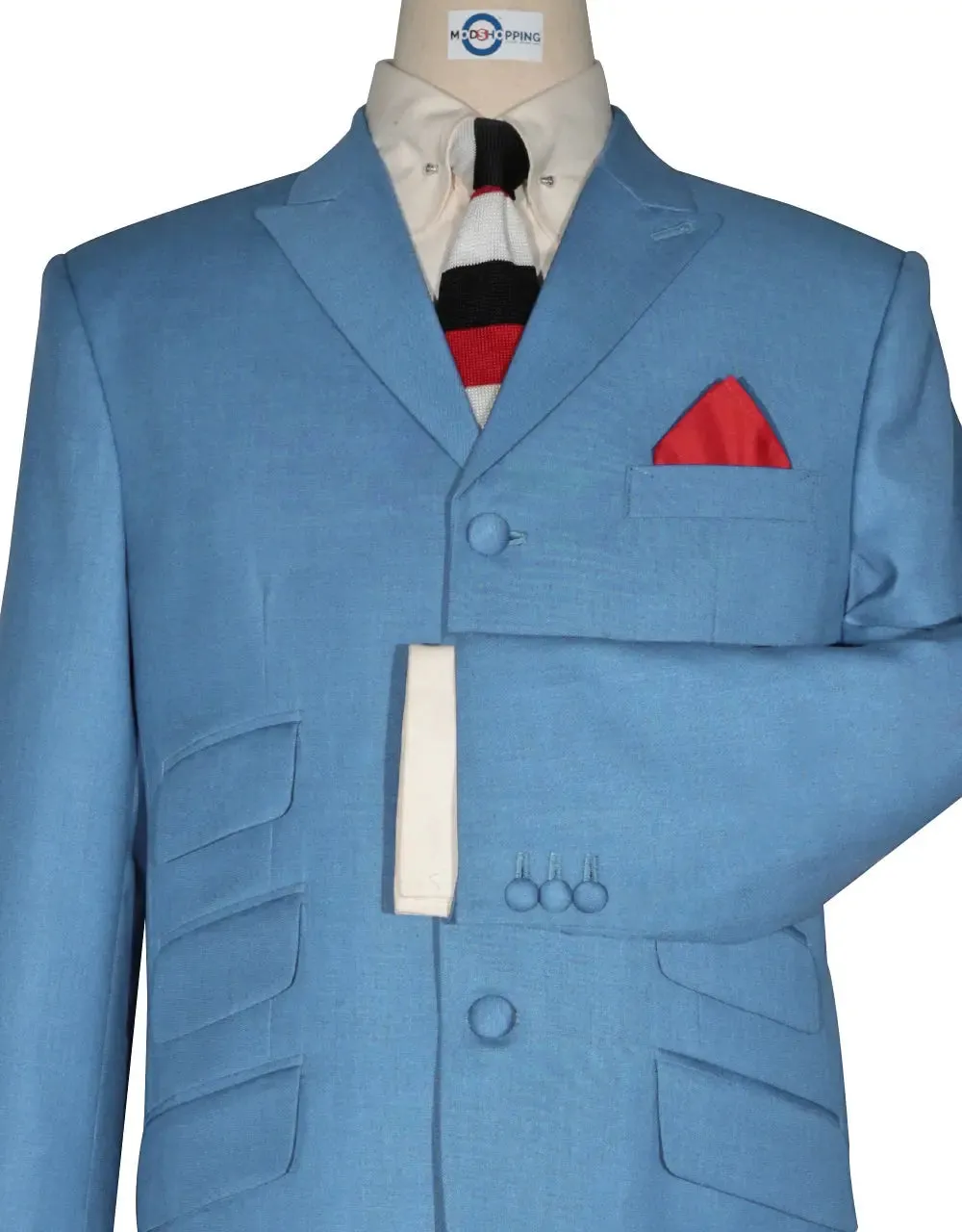 Mod Suit - 60s Vintage Style Sky Blue Sharkskin Suit