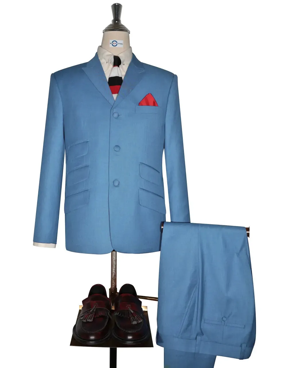 Mod Suit - 60s Vintage Style Sky Blue Sharkskin Suit