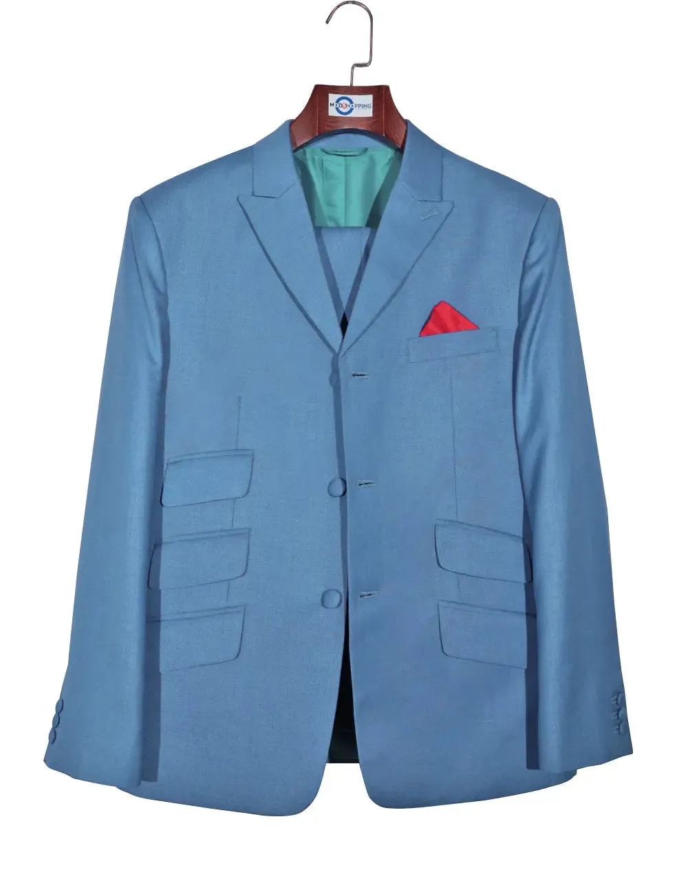 Mod Suit - 60s Vintage Style Sky Blue Sharkskin Suit