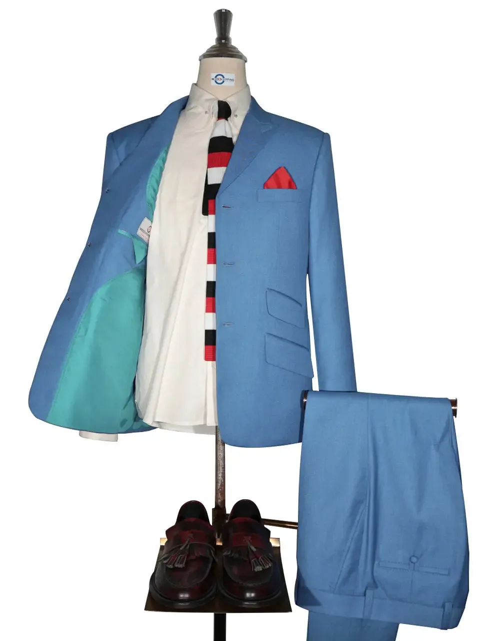 Mod Suit - 60s Vintage Style Sky Blue Sharkskin Suit