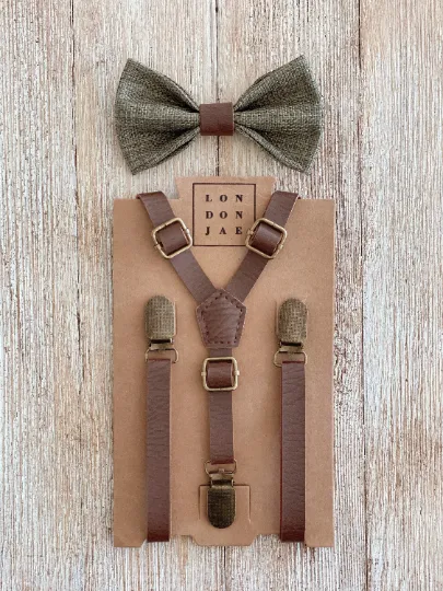 Olive Sage Bow Tie with Weathered Coffee Suspender Set