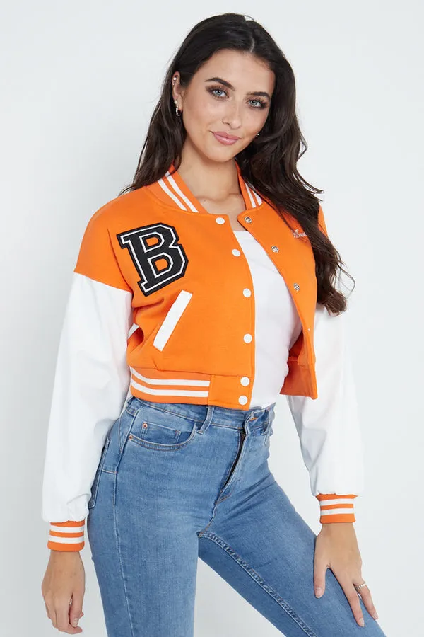 ORANGE VARSITY GRAPHIC FAUX LEATHER SLEEVE BOMBER JACKET