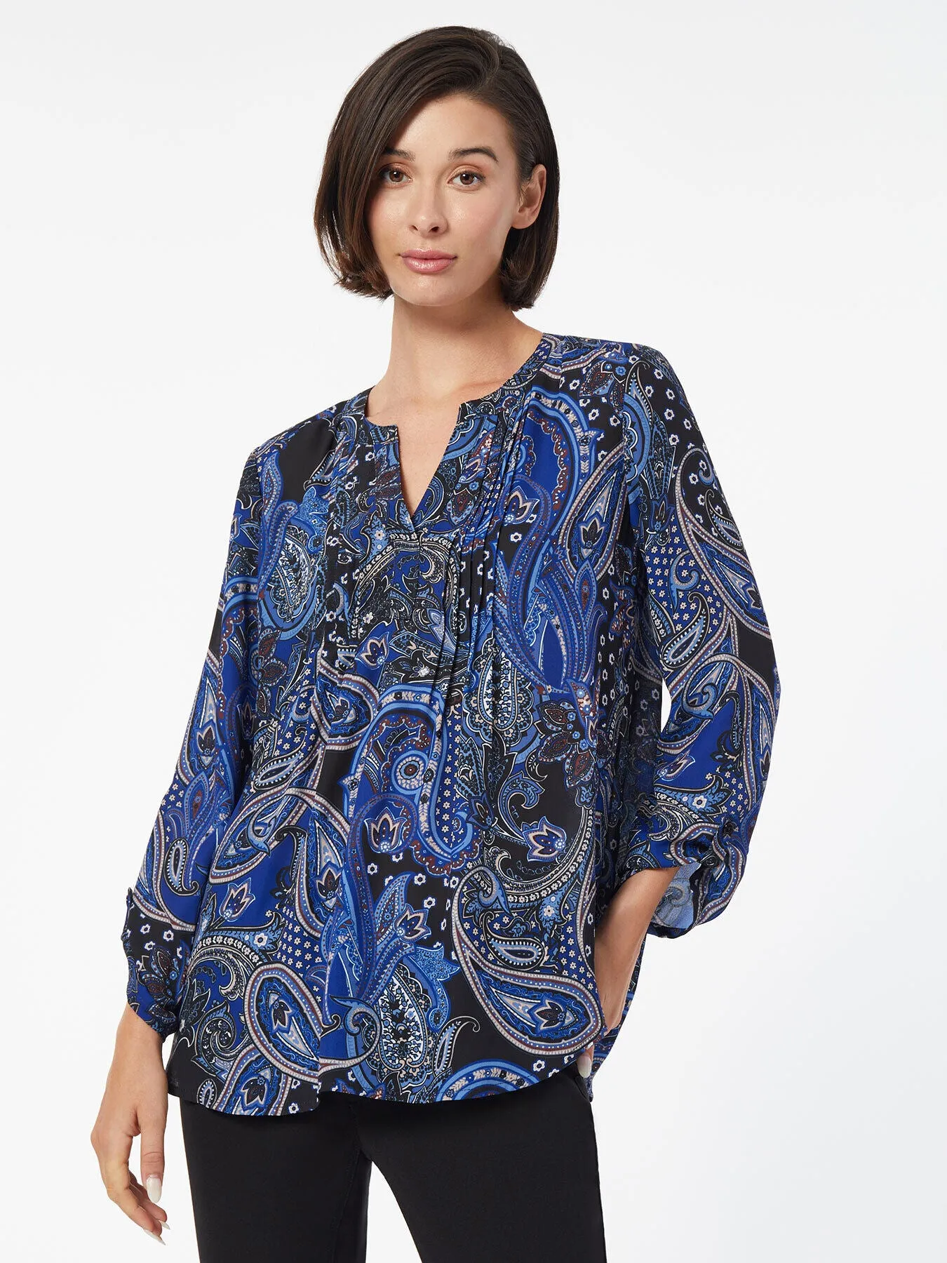 Paisley Roll-Tab Pintuck Blouse