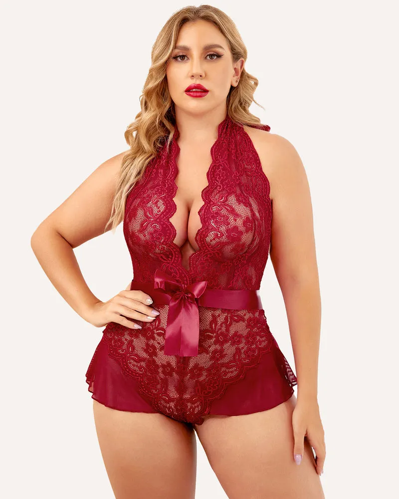 Plus Size Halter Deep V Neck Lace Bodysuit