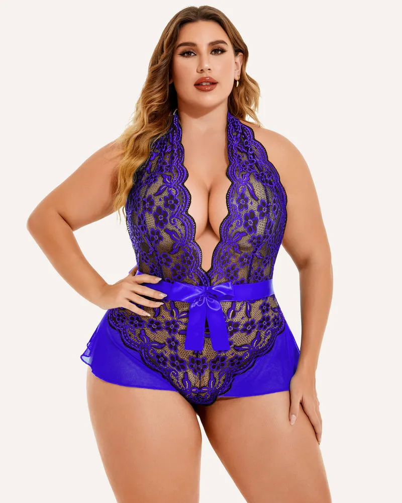 Plus Size Halter Deep V Neck Lace Bodysuit