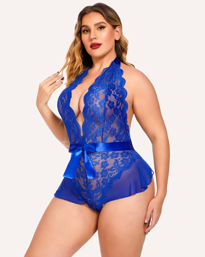 Plus Size Halter Deep V Neck Lace Bodysuit