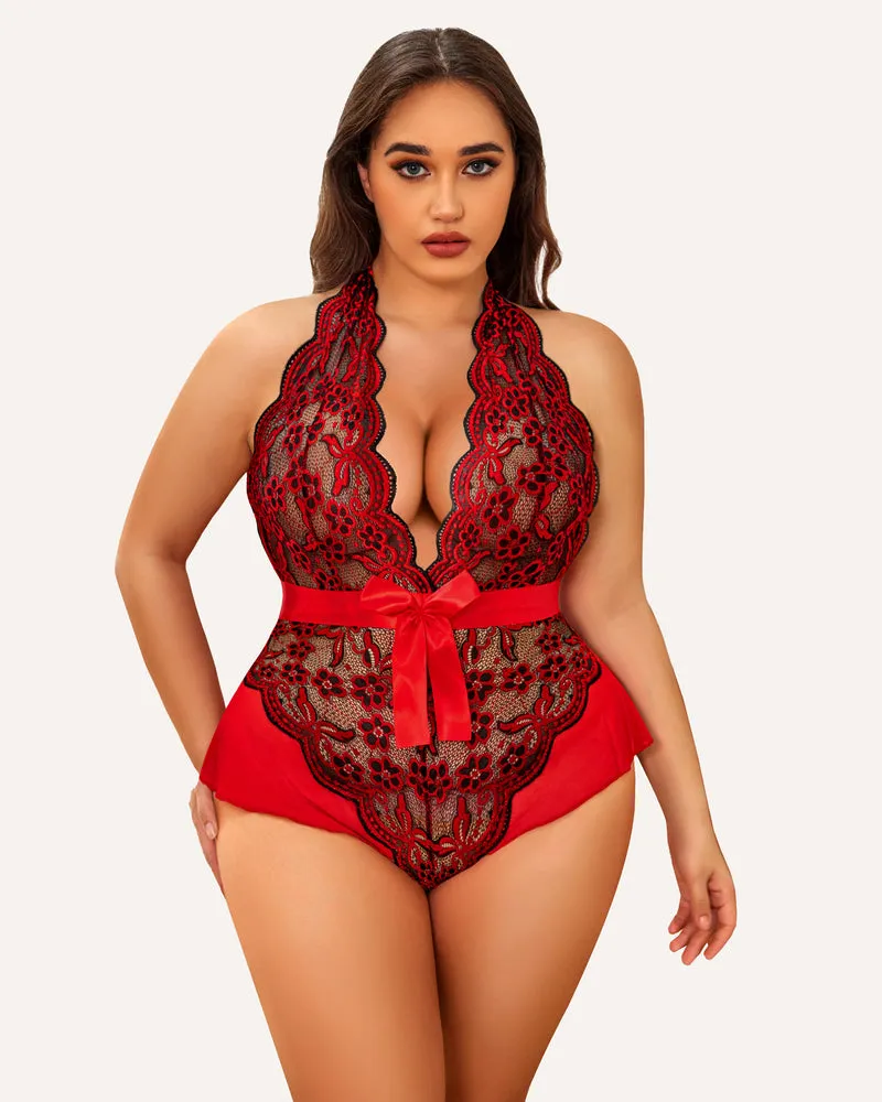 Plus Size Halter Deep V Neck Lace Bodysuit