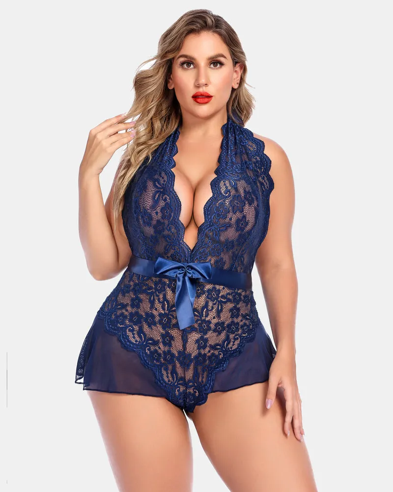 Plus Size Halter Deep V Neck Lace Bodysuit