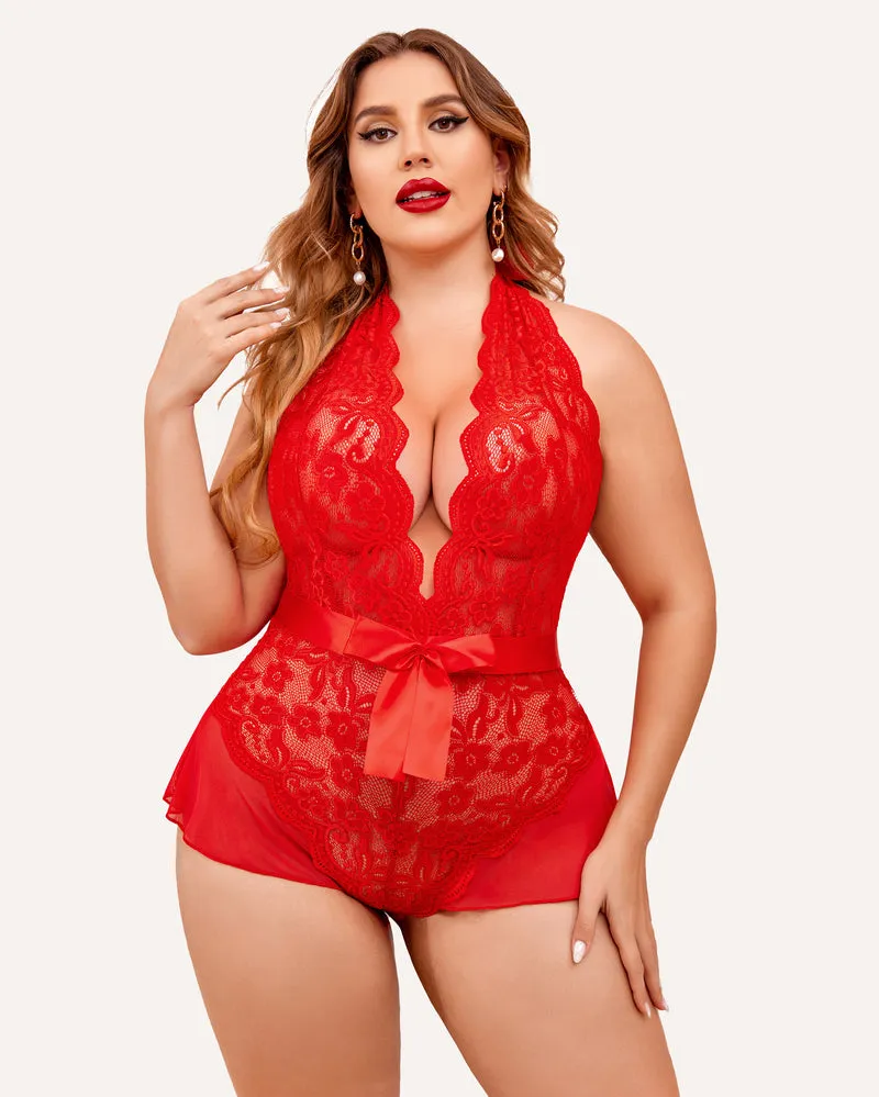 Plus Size Halter Deep V Neck Lace Bodysuit