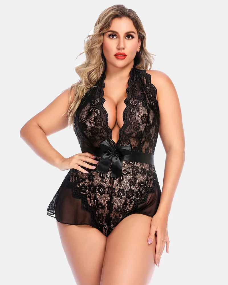 Plus Size Halter Deep V Neck Lace Bodysuit