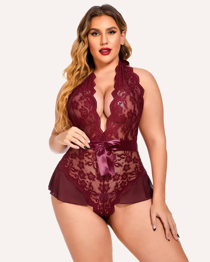 Plus Size Halter Deep V Neck Lace Bodysuit