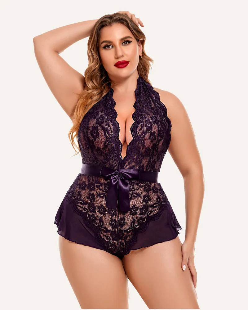 Plus Size Halter Deep V Neck Lace Bodysuit