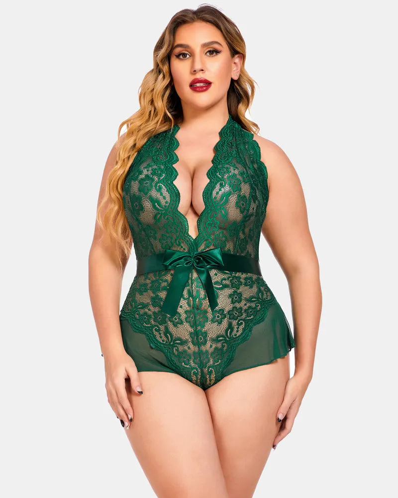 Plus Size Halter Deep V Neck Lace Bodysuit