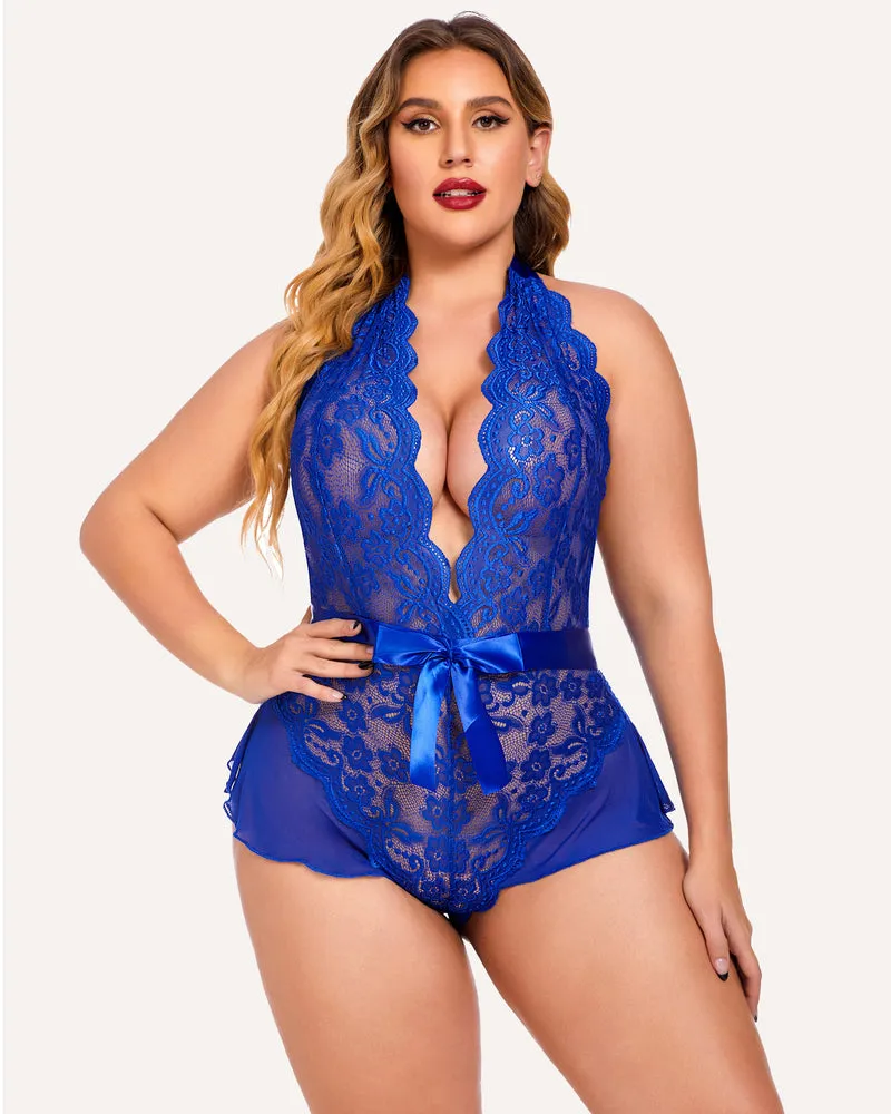 Plus Size Halter Deep V Neck Lace Bodysuit