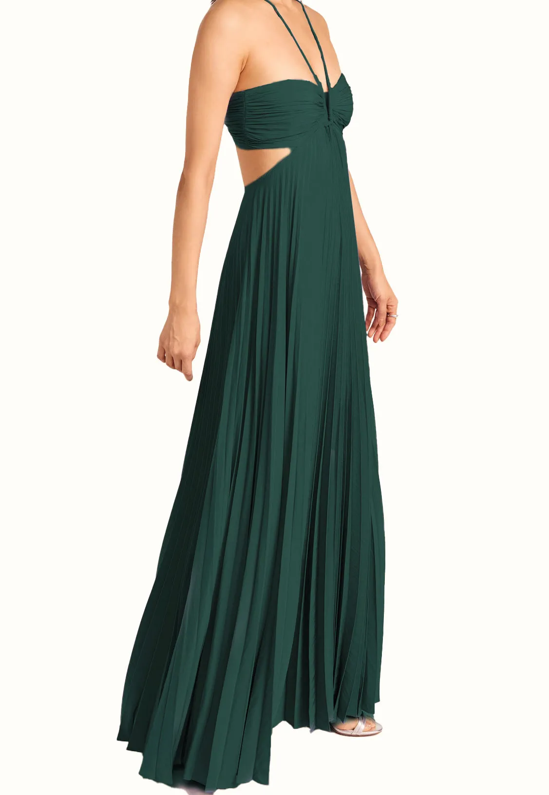 【Quinnbie】"Elegance in Pleats: Dark Green Off-the-shoulder Pleated Drawstring Dress."