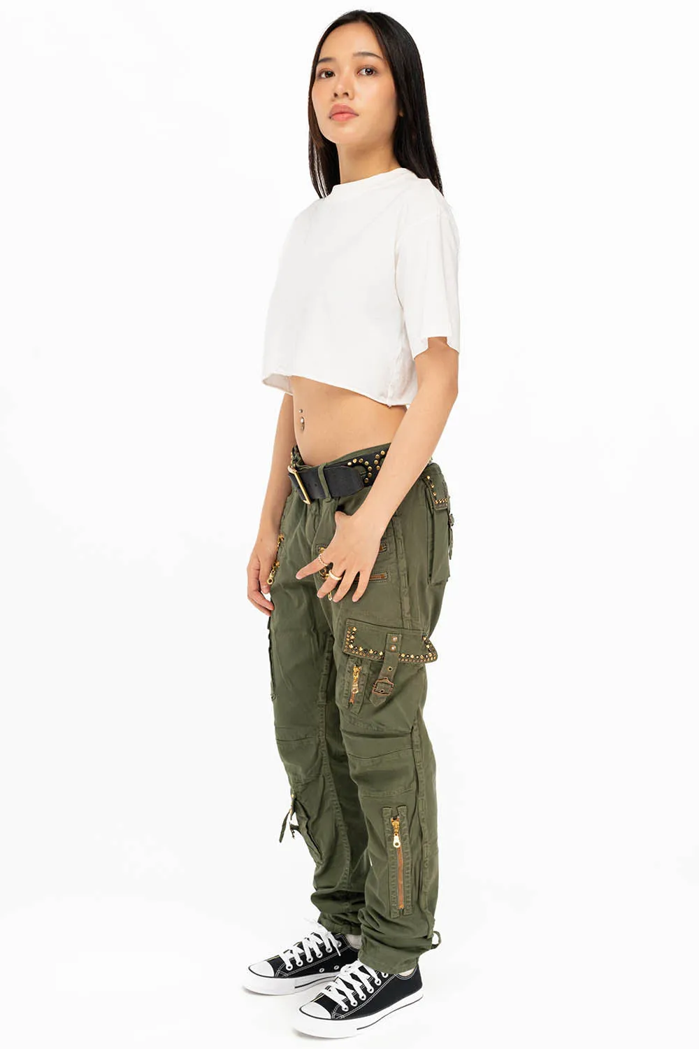 RAPTOR MILITARY STYLE WOMENS CARGO PANTS IN GREEN ARMY WITH STUDS AND CRYSTALS