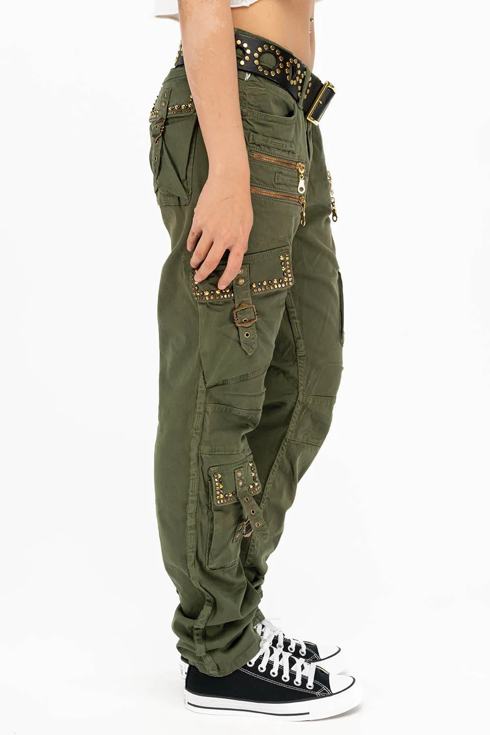 RAPTOR MILITARY STYLE WOMENS CARGO PANTS IN GREEN ARMY WITH STUDS AND CRYSTALS