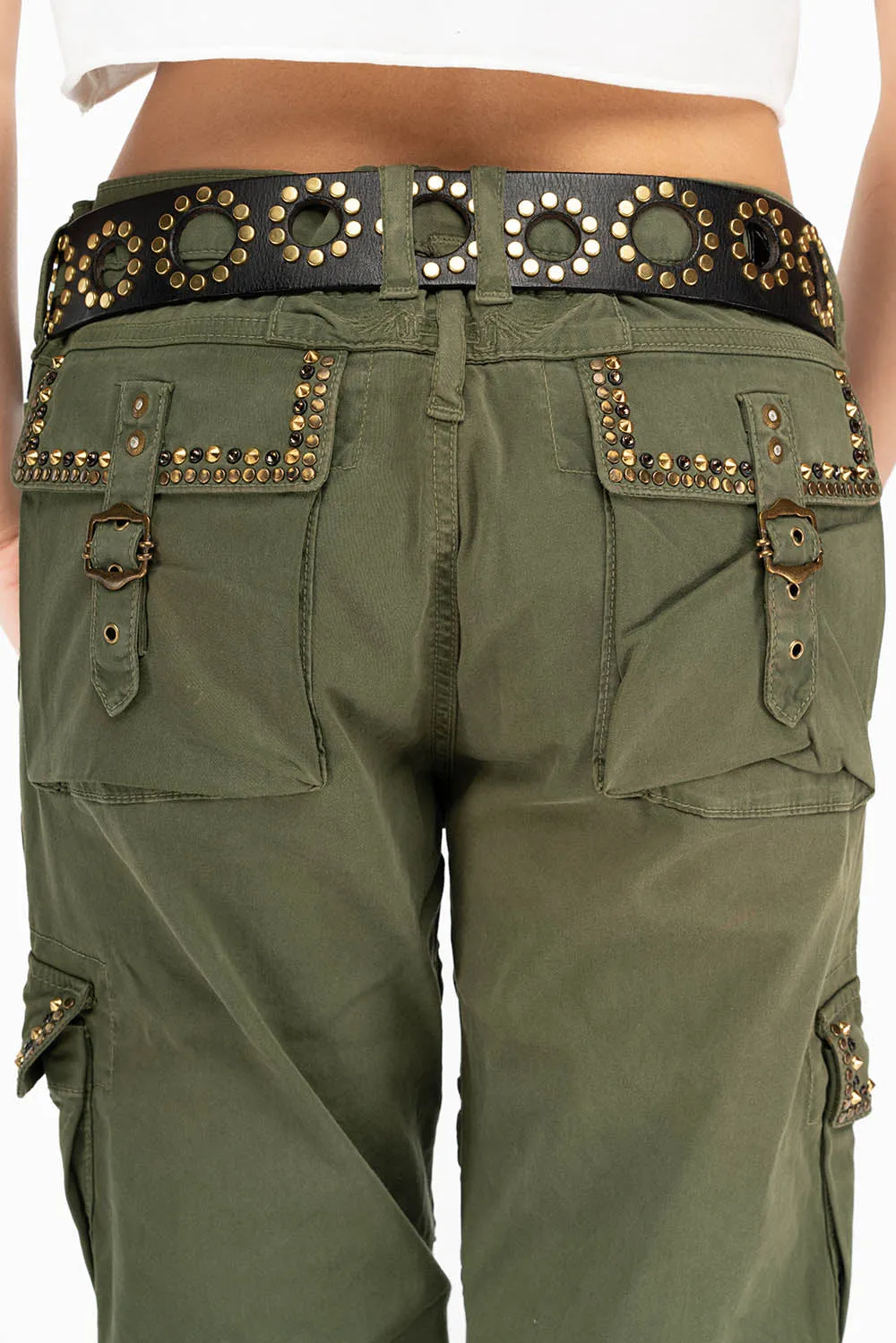 RAPTOR MILITARY STYLE WOMENS CARGO PANTS IN GREEN ARMY WITH STUDS AND CRYSTALS