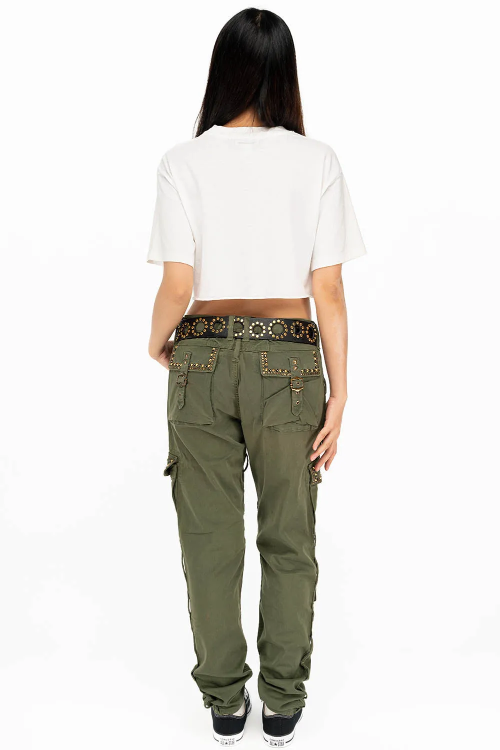 RAPTOR MILITARY STYLE WOMENS CARGO PANTS IN GREEN ARMY WITH STUDS AND CRYSTALS