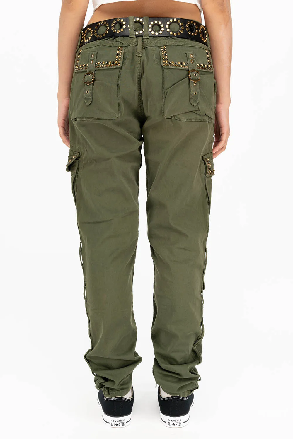 RAPTOR MILITARY STYLE WOMENS CARGO PANTS IN GREEN ARMY WITH STUDS AND CRYSTALS