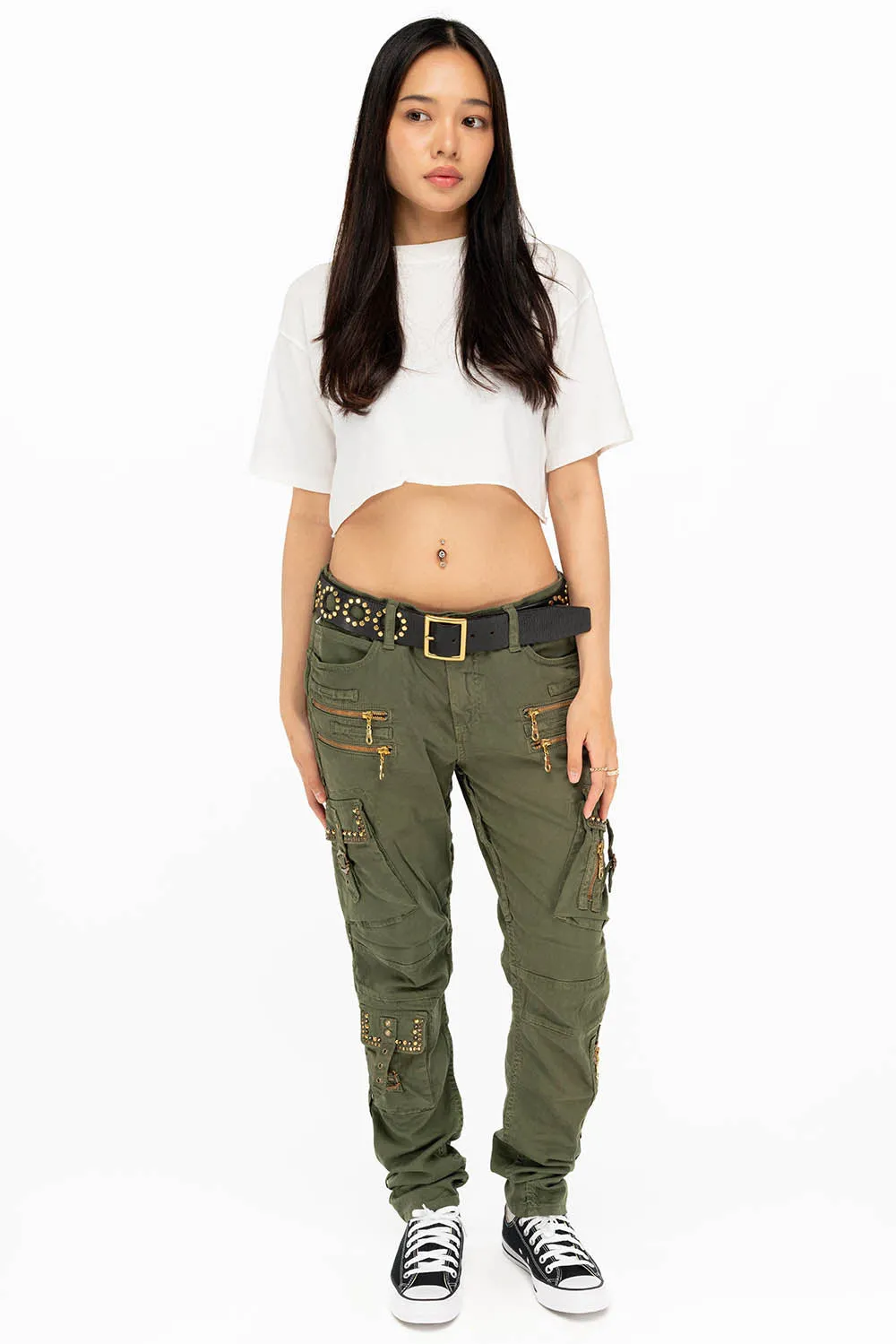 RAPTOR MILITARY STYLE WOMENS CARGO PANTS IN GREEN ARMY WITH STUDS AND CRYSTALS