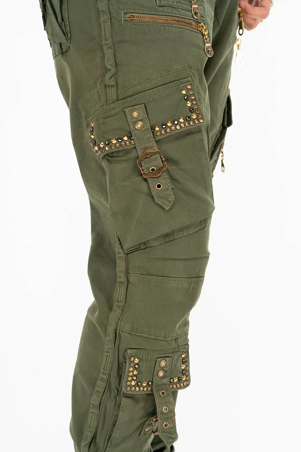 RAPTOR MILITARY STYLE WOMENS CARGO PANTS IN GREEN ARMY WITH STUDS AND CRYSTALS