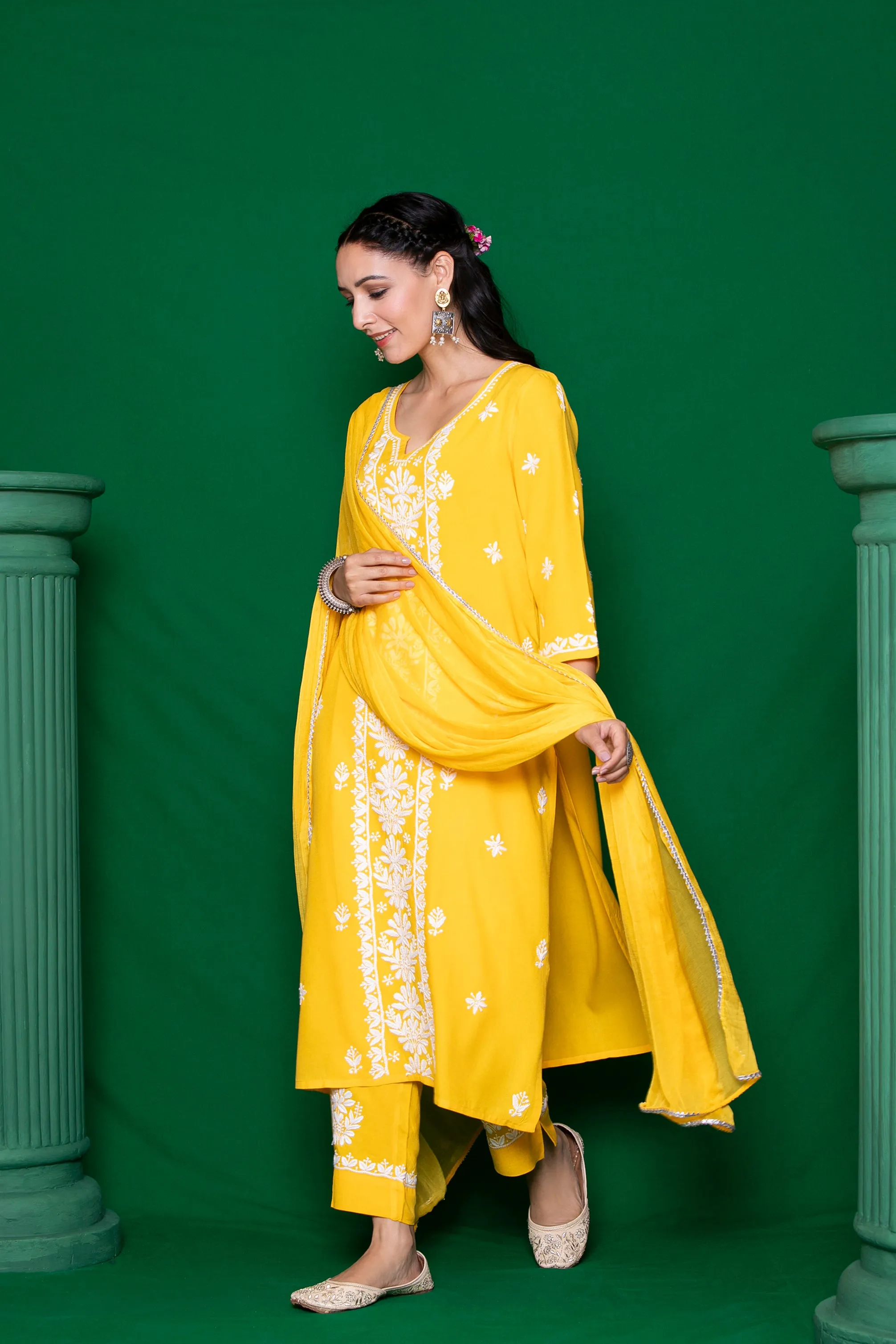 Rayon Chikankari Solid Women's 3 PC Long Kurta Set - Yellow