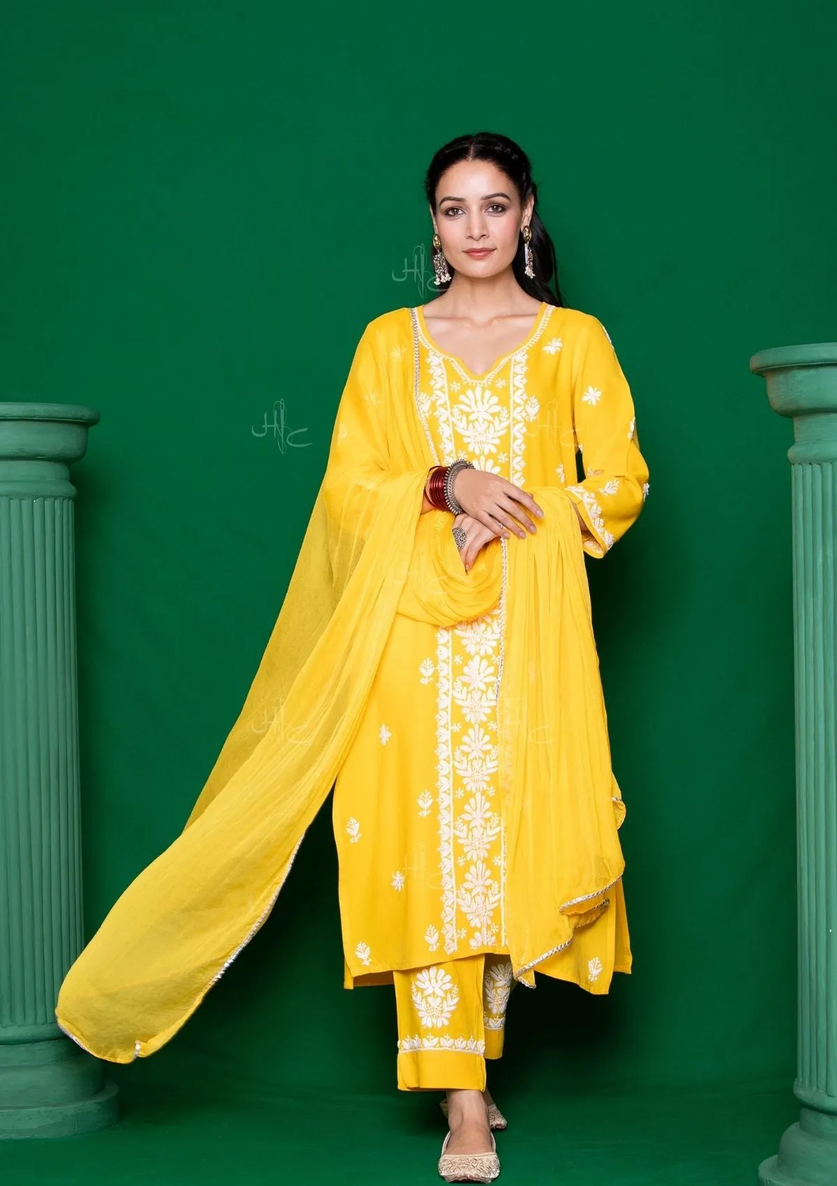 Rayon Chikankari Solid Women's 3 PC Long Kurta Set - Yellow