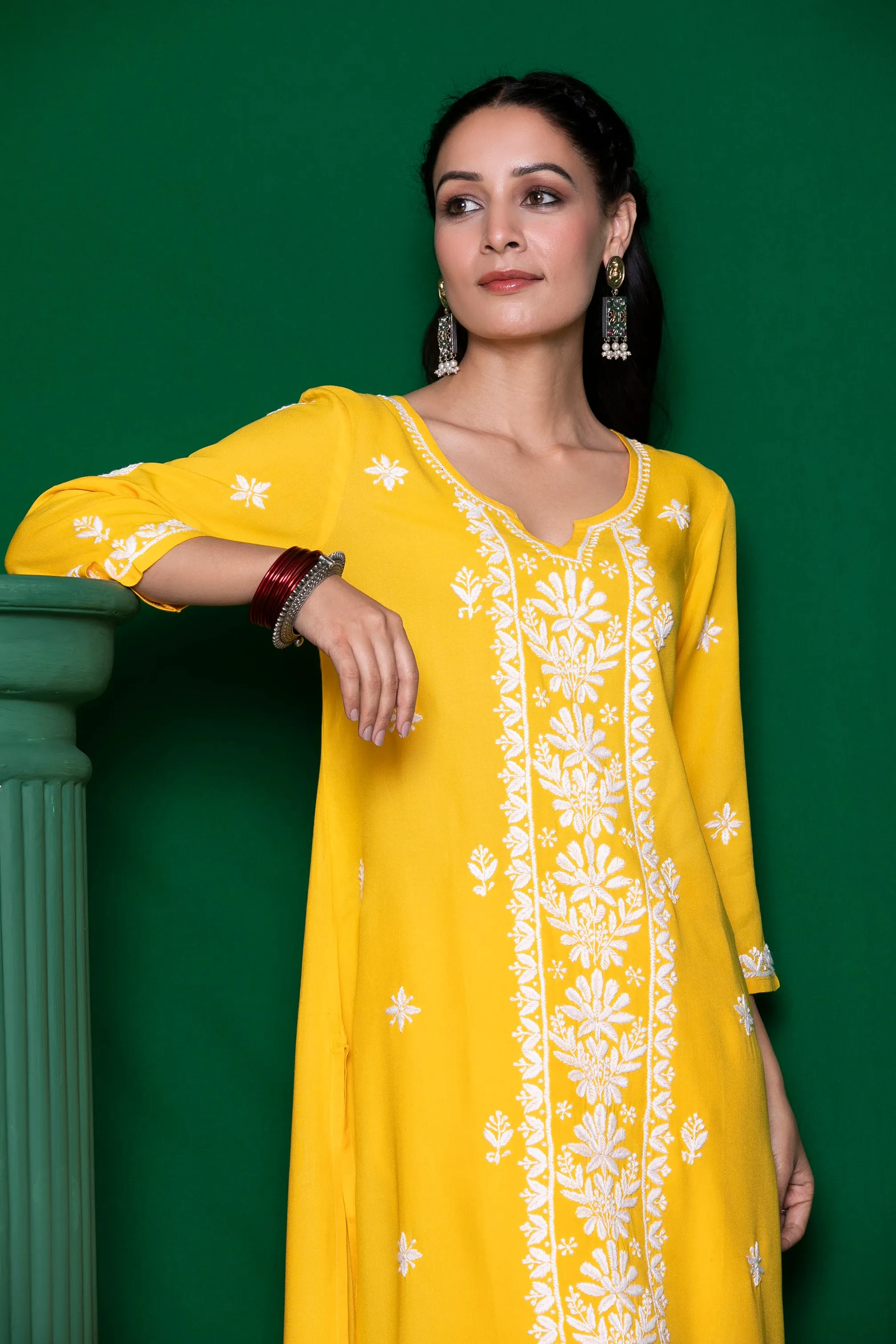 Rayon Chikankari Solid Women's 3 PC Long Kurta Set - Yellow