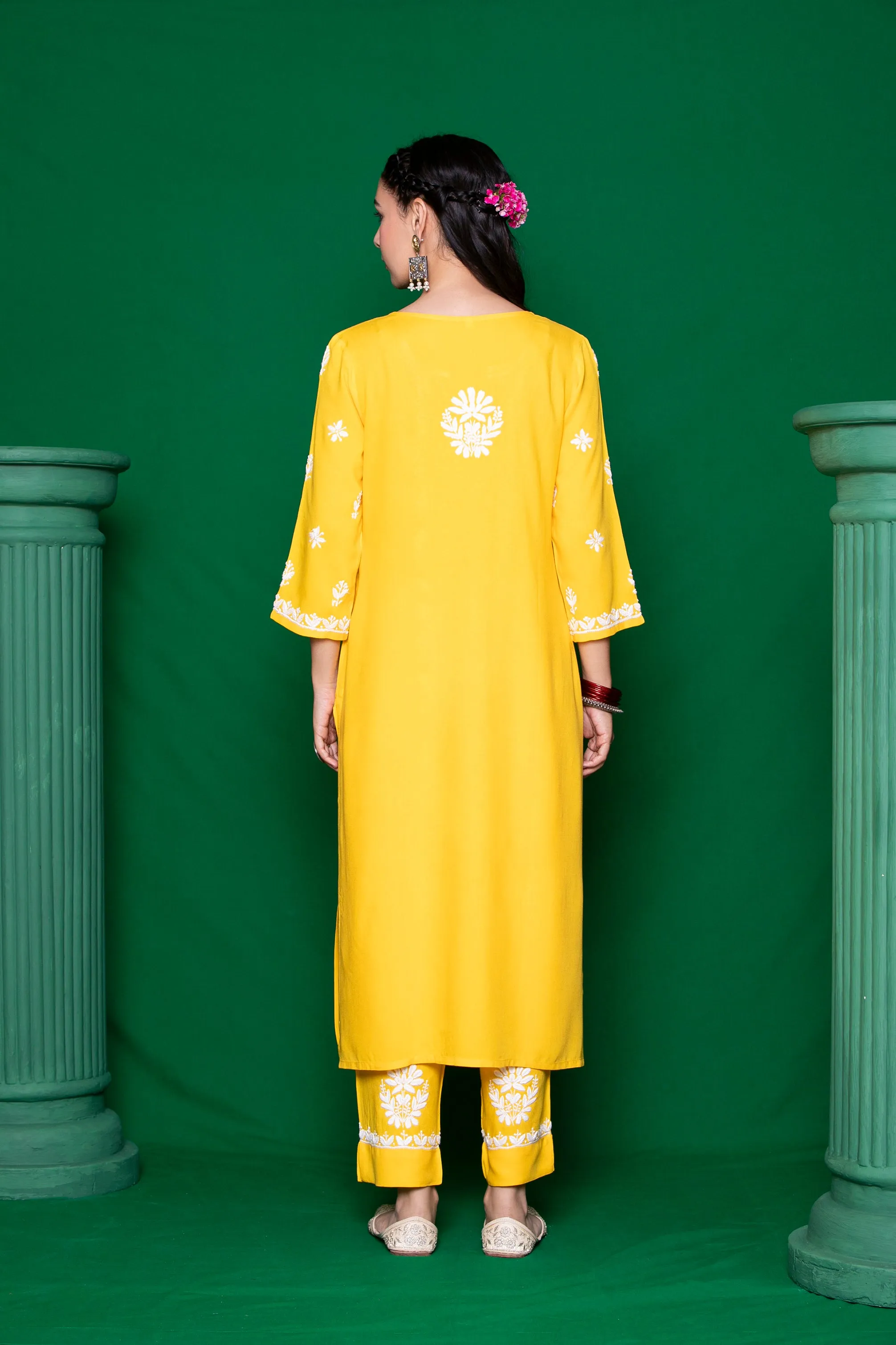 Rayon Chikankari Solid Women's 3 PC Long Kurta Set - Yellow