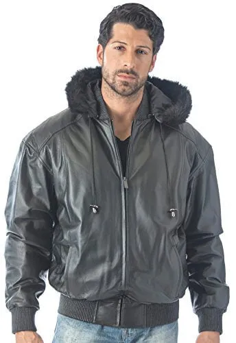 REED Men's Detachable Hooded Faux Fur Leather Bomber Jacket with Baseball Style Collar - Imported