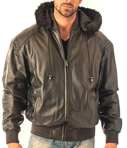 REED Men's Detachable Hooded Faux Fur Leather Bomber Jacket with Baseball Style Collar - Imported